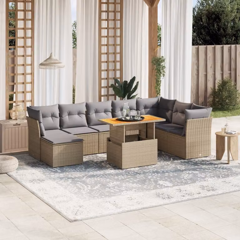 vidaXL Set Divano da Giardino 9 pz a Forma di L in Polyrattan con Cuscini Beige e Tavolino da Esterno