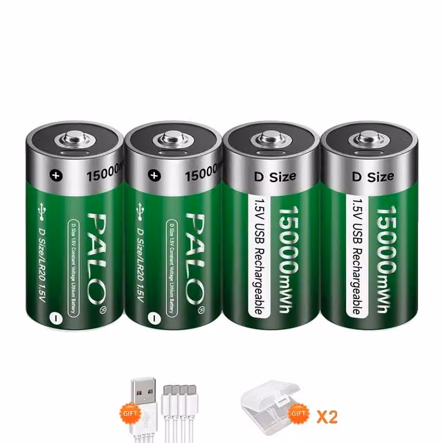 Batteria D ricaricabile, capacità 15000mWh, ricarica USB Type-C, batteria 4PCS