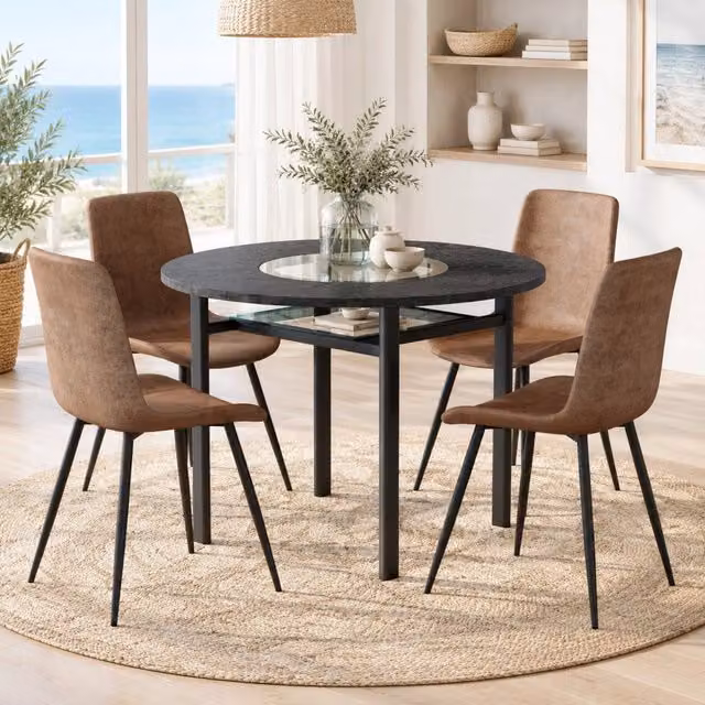 Set tavolo rotondo con 4 sedie marroni, nero
