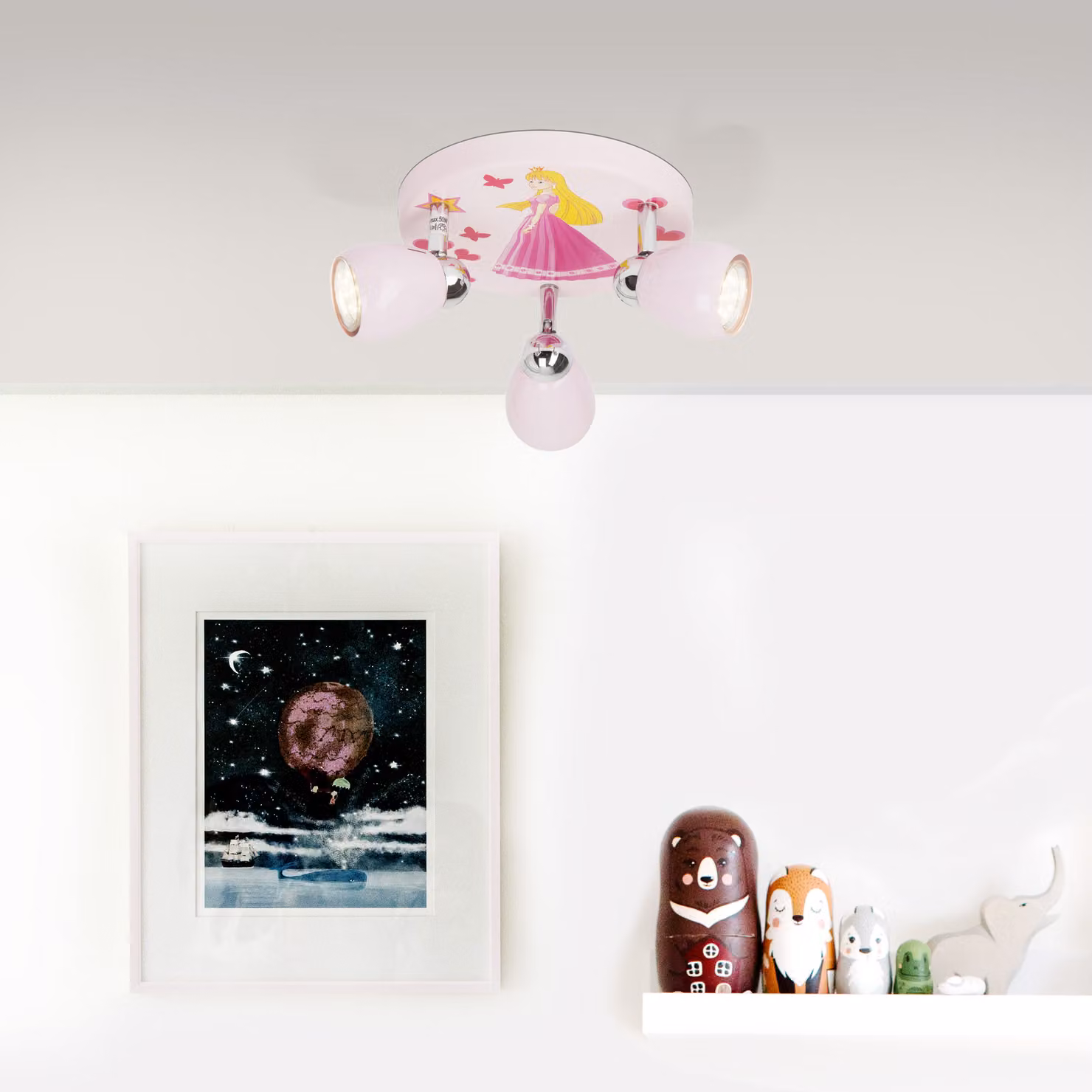 BRILLANTE faretto da soffitto a LED con design da principessa | con luce bianca calda | faretto a 3 lampadine per la stanza dei bambini | con teste orientabili | rosa | plafoniera con lampadine sostituibili 3x GU10 max. 3 W