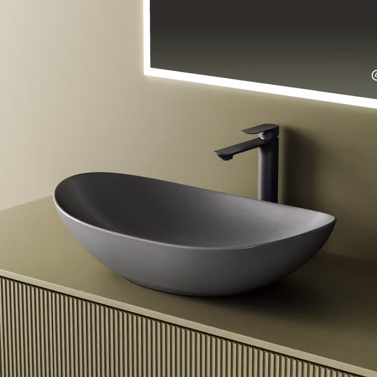 Lavabo in Vetroceramica EMKE - Lavabo da appoggio ovale in grigio opaco 615 x 360 x 155 mm ideale per rubinetteria alta
