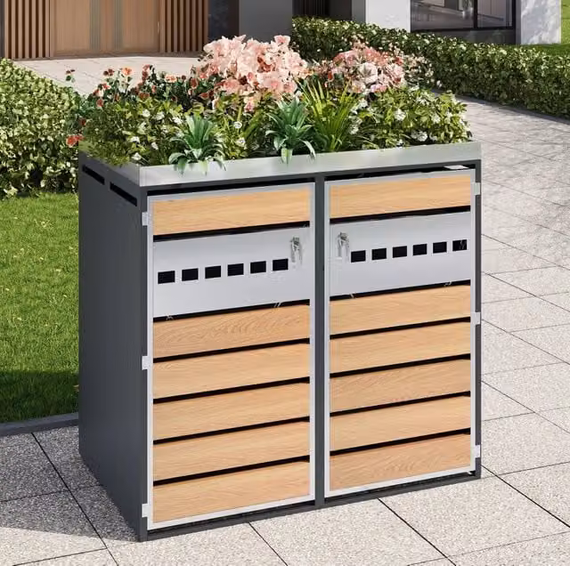Box portabidoni a 2 scomparti con fioriera integrata; acciaio grigio effetto legno