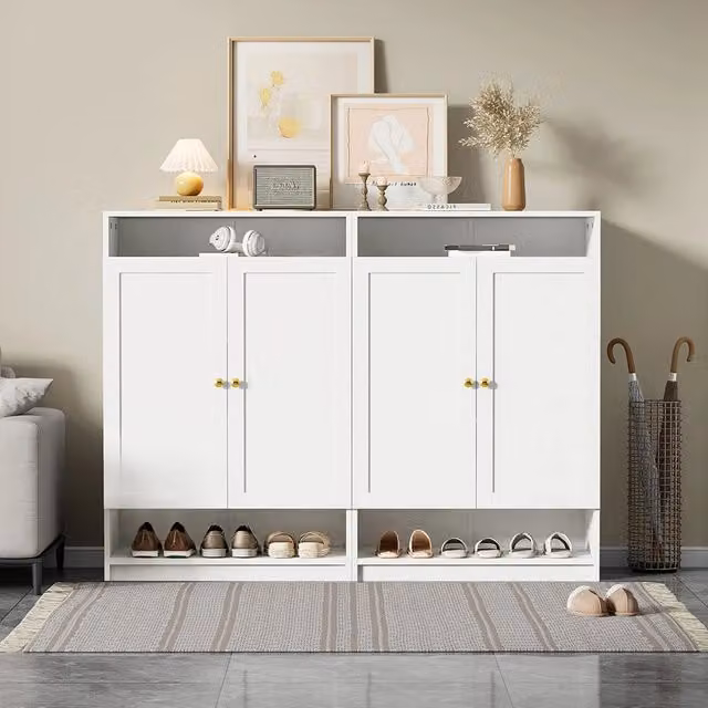 Scarpiere moderna con ripiani regolabili - Xylo - 146x34x109 - Bianco - Maniglie dorate, 2 ante