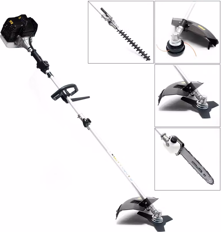 Multiutensile a benzina Wiltec 5in1 da 1,76 CV, tagliaerba, tagliasiepi, potatore a palo, decespugliatore e asta di prolunga da 30 cm per la manutenzione del giardino