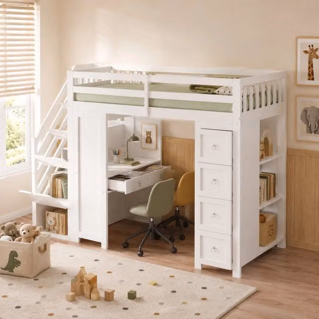 Letto a soppalco Mivray singolo bianco con scrivania, cassetti, ripiani laterali e scala contenitore in legno e MDF, L/P/H: 200 x 90 x 175 cm