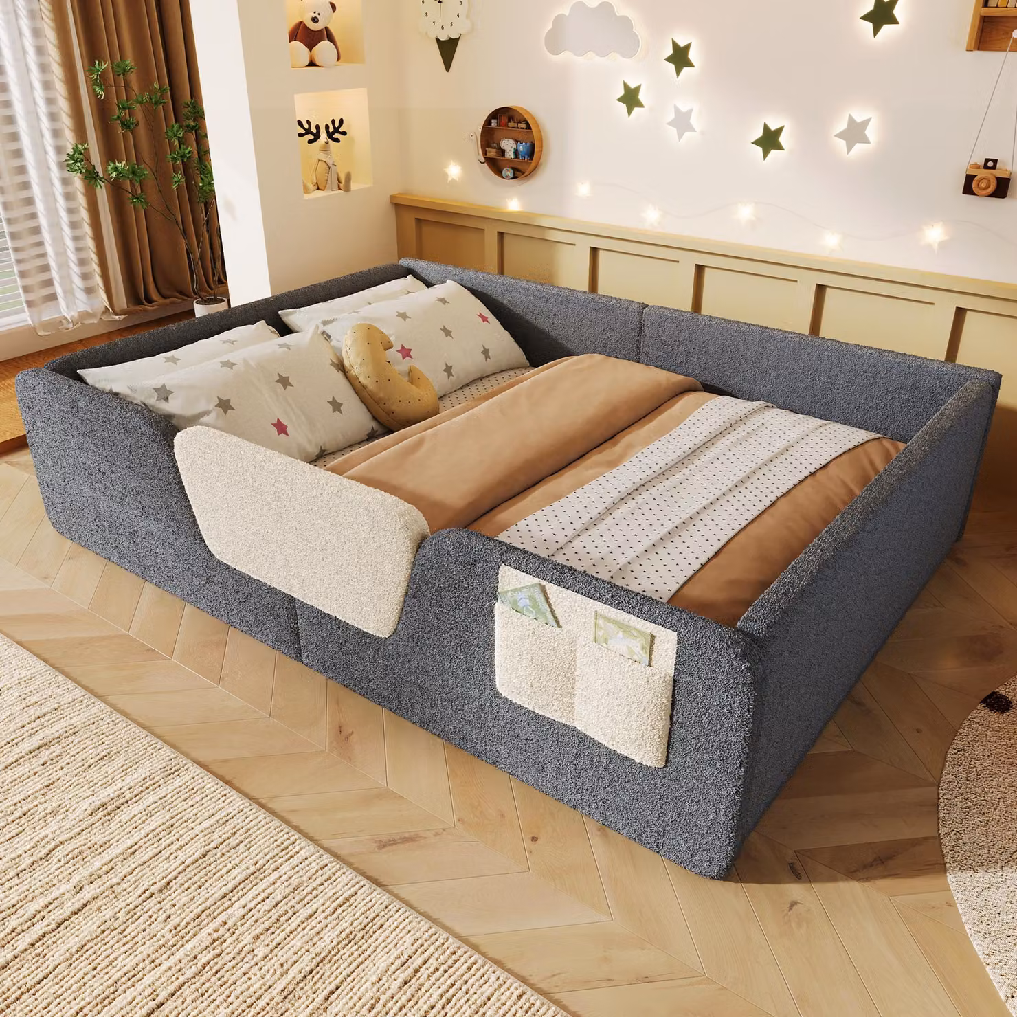 Letto imbottito Merax 140x190 cm, letto per bambini con sponde di sicurezza rimovibili, rete a doghe, sacca contenitore, tessuto in velluto, letto per ragazzi, letto a terra, grigio