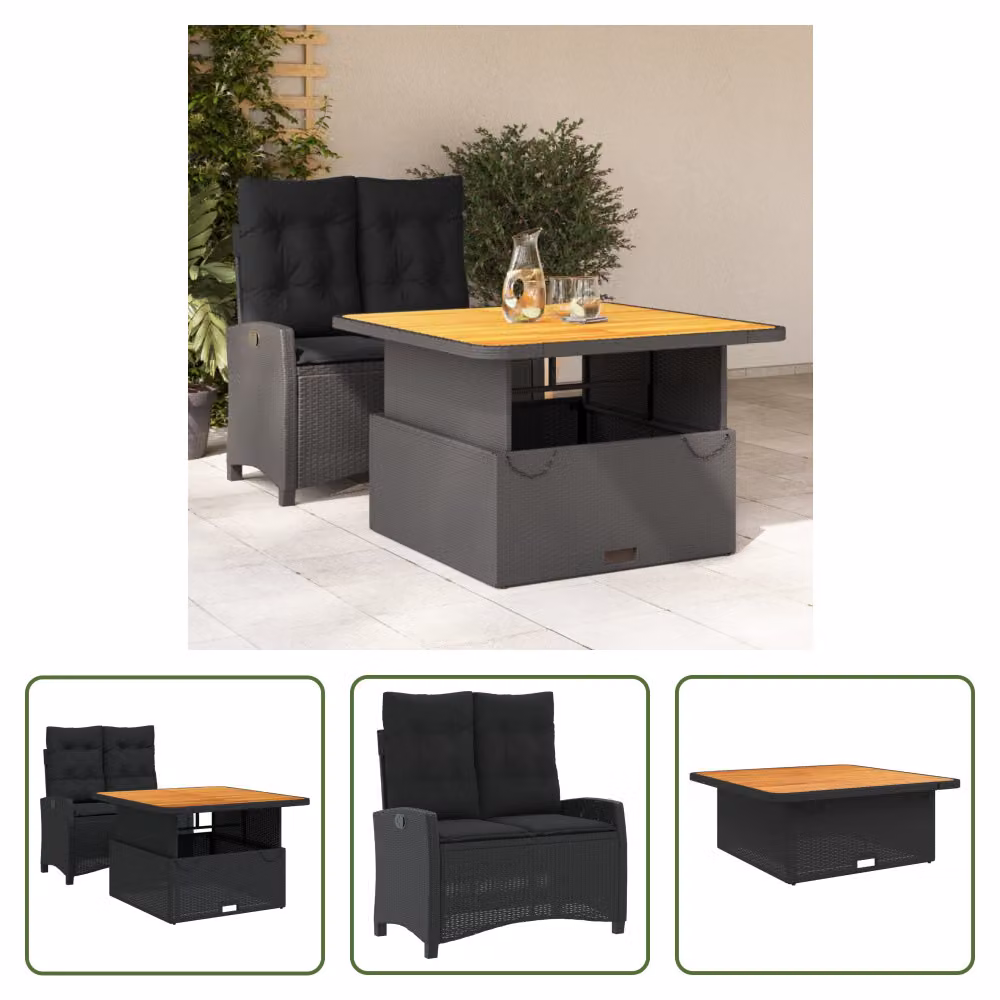 The Living Store Set da pranzo da giardino a 2 pezzi con cuscini in poly rattan nero