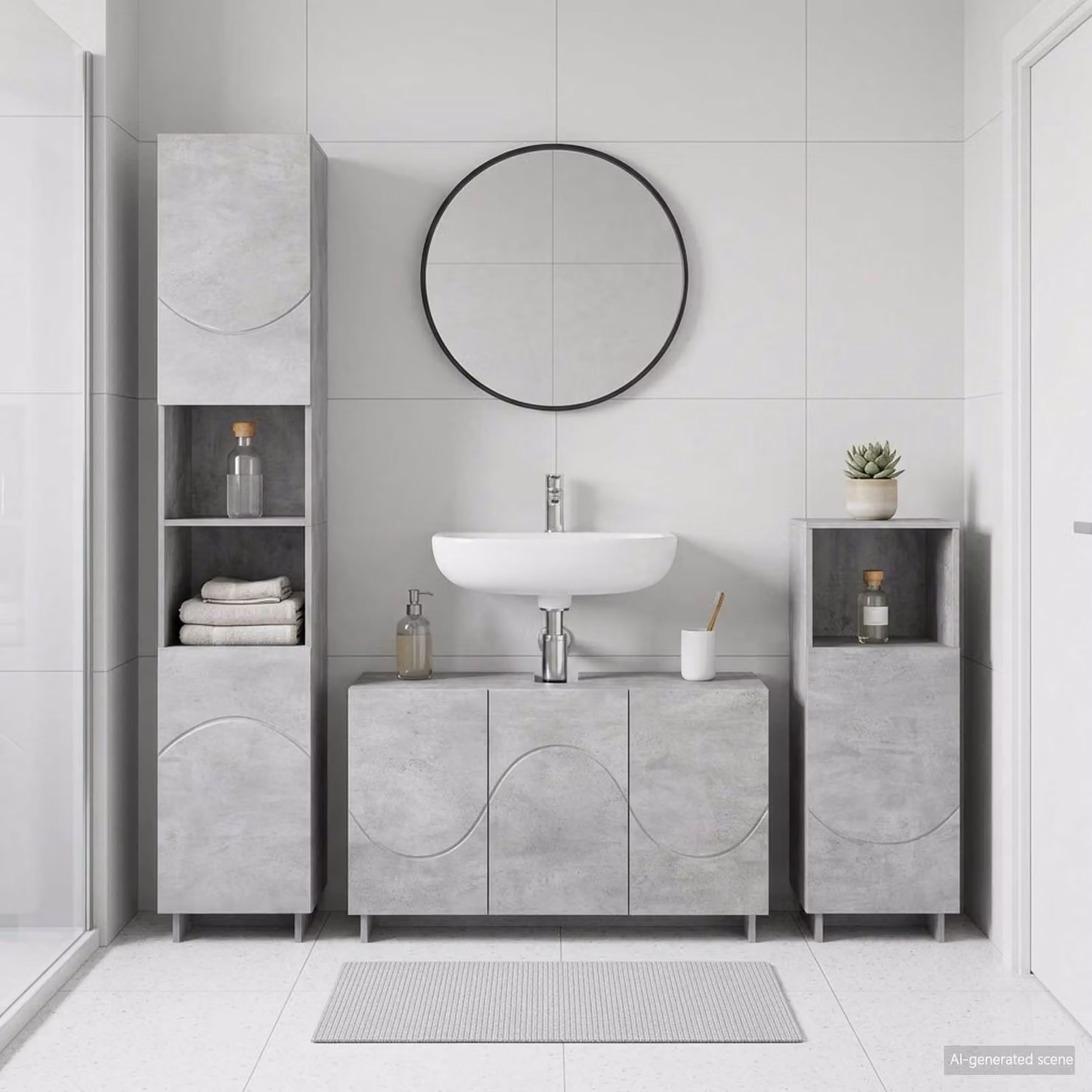 Set di mobili da bagno moderno vidaXL in 3 pezzi colore grigio con vanità, colonna alta e mobile laterale in MDF