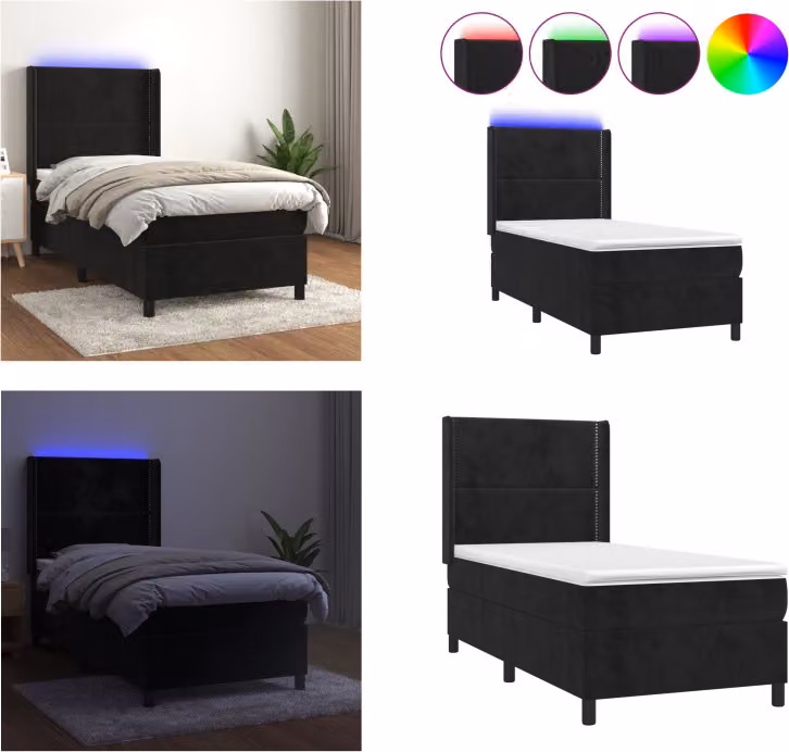 vidaXL Letto a molle con materasso e LED nero 90x190 cm in velluto - Letto a molle - Boxspringbetten - Bett - Schlafzimmermöbel