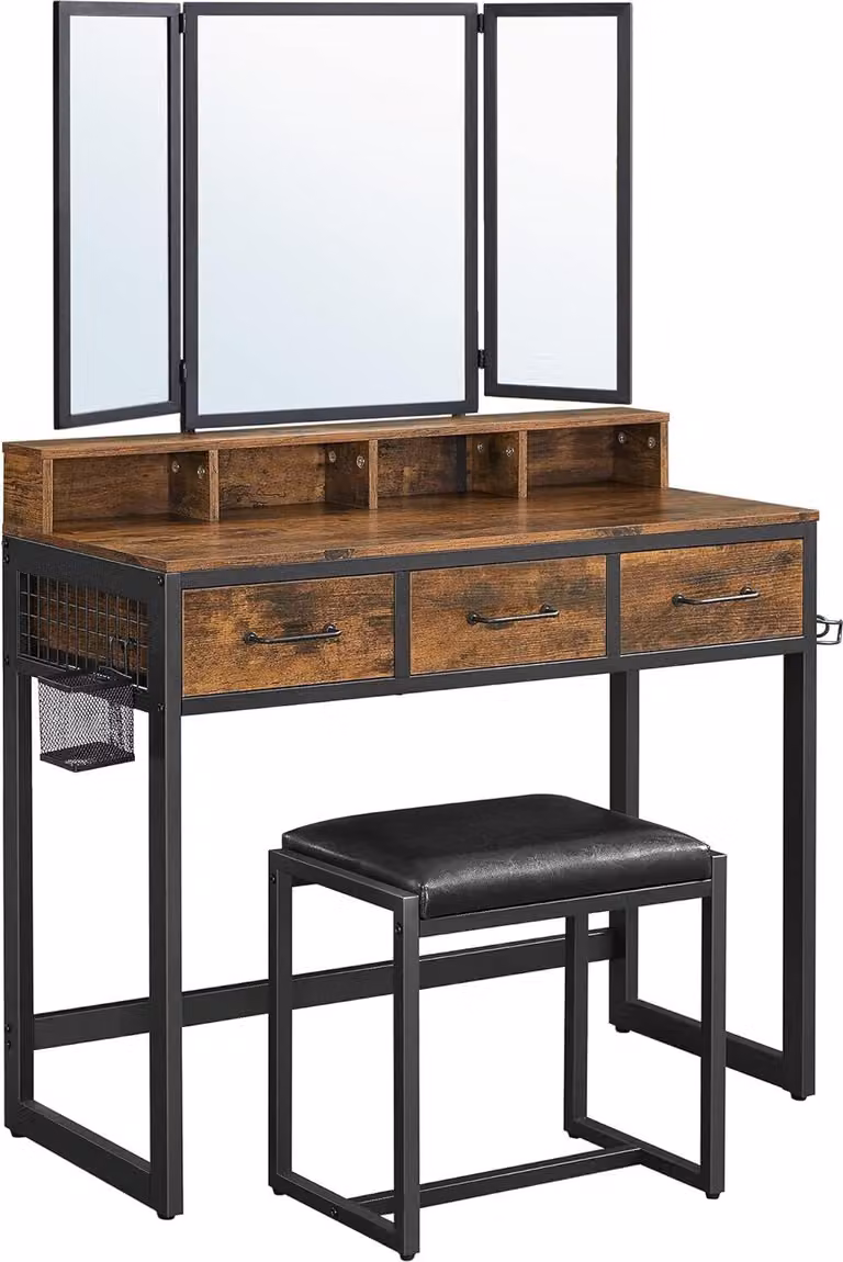 VASAGLE Tavolo da toilette Tavolo da toilette con specchio pieghevole a 3 pezzi, porta asciugacapelli, tavolo da toilette con sgabello imbottito, 3 cassetti, vintage marrone-nero