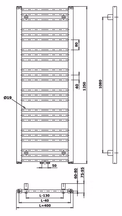Bruckner ALBRECHT Radiatore da bagno 400x1250 mm, attacco centrale, nero opaco