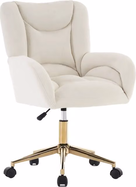Sedia da ufficio ergonomica girevole a 360 gradi in velluto beige con base in metallo dorata e ruote per casa e ufficio