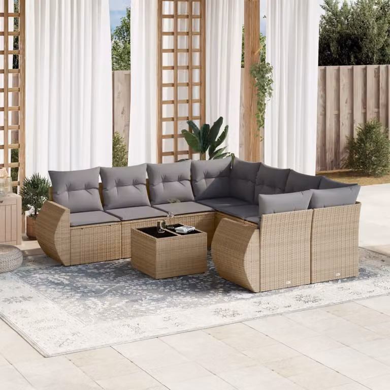 vidaXL Set Divano da Giardino 9 pz con Cuscini Beige e Grigio in Polyrattan e Acciaio
