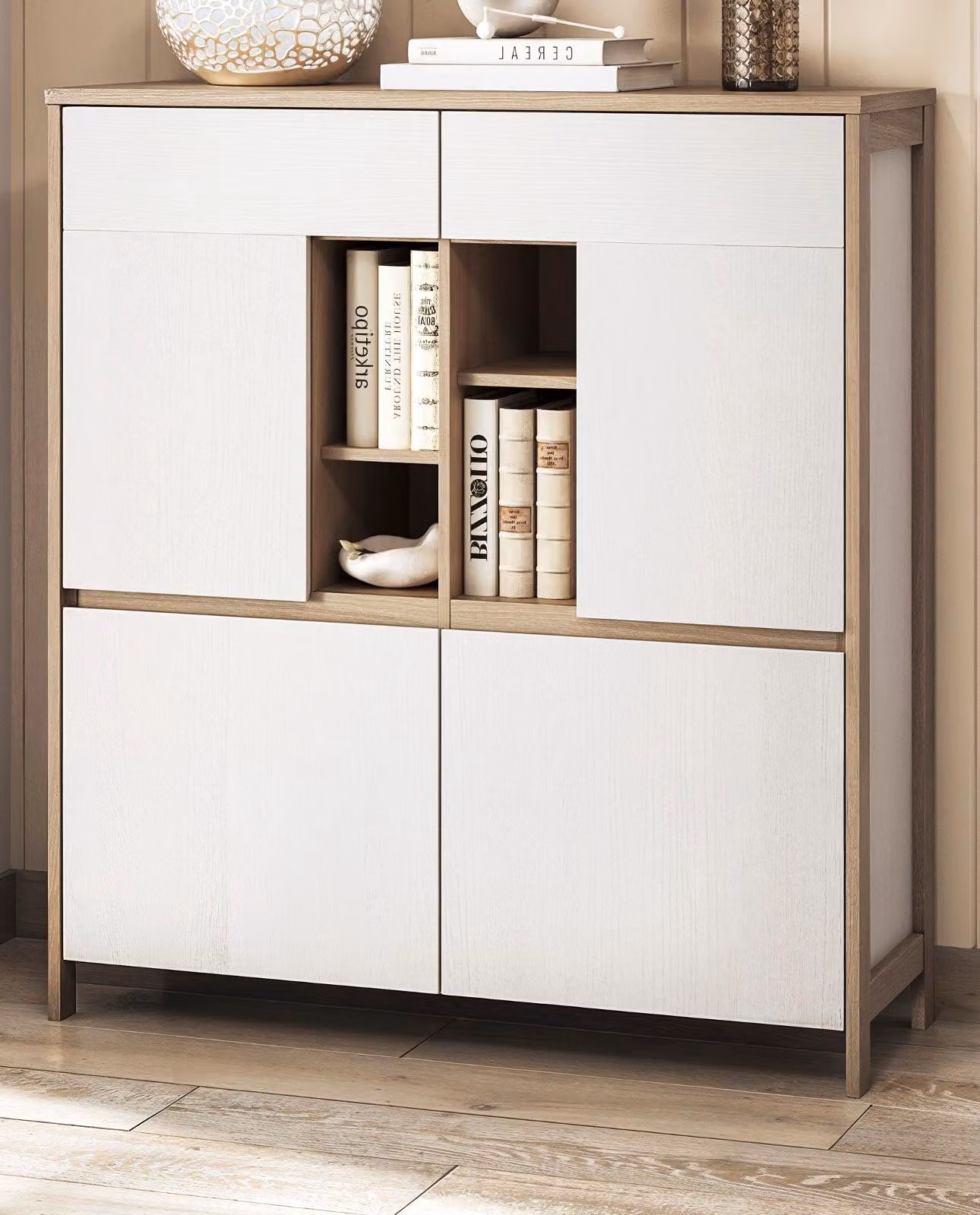Credenza alta "Finnes" in bianco e rovere, stile scandinavo, 111 x 125 cm, chiusura ammortizzata