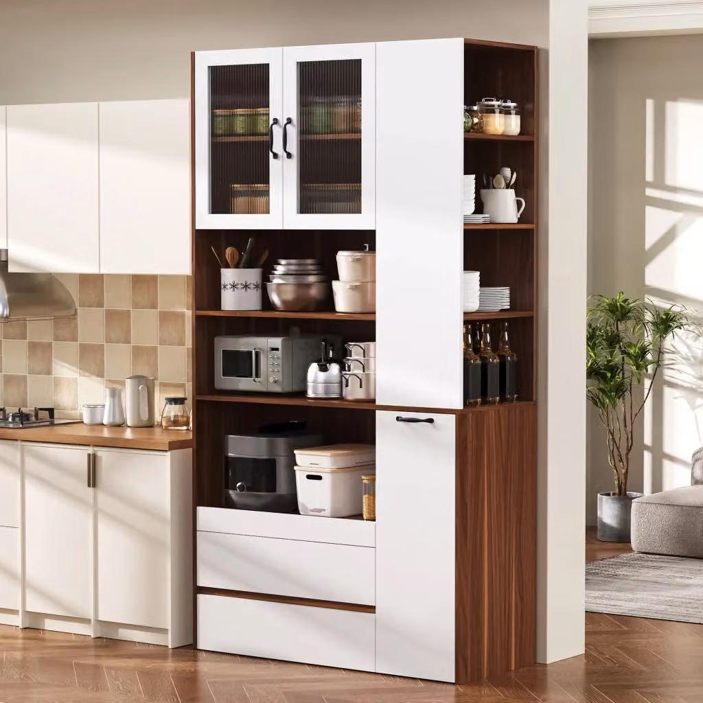 Credenza alta MIVRAY con ante in vetro scanalato e 2 cassetti in MDF, colore bianco e noce, L: 100 cm, P: 40 cm, H: 200 cm – 2