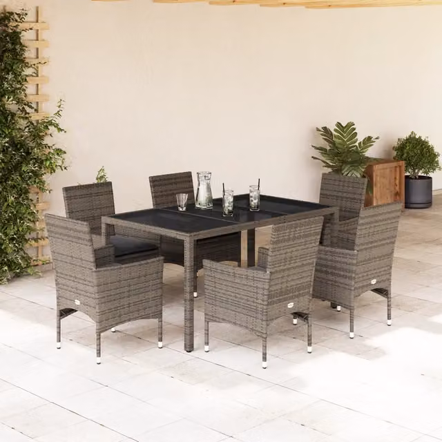 Set da Pranzo da Giardino 7 pz con Cuscini Polyrattan e Vetro 3278558
