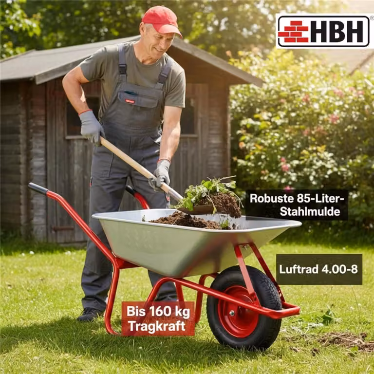 Carrello da giardino HBH® da 85 litri, colore rosso, professionale, con ruota pneumatica, capacità di carico 160 kg