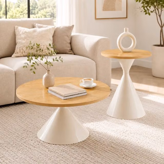 Set 2 Tavolini Rotondi Ø70xH40 cm e Ø50xH50 cm, Piano Effetto Legno, Piedi Acciaio Carbonio Bianco Crema, per Soggiorno Camera Lounge