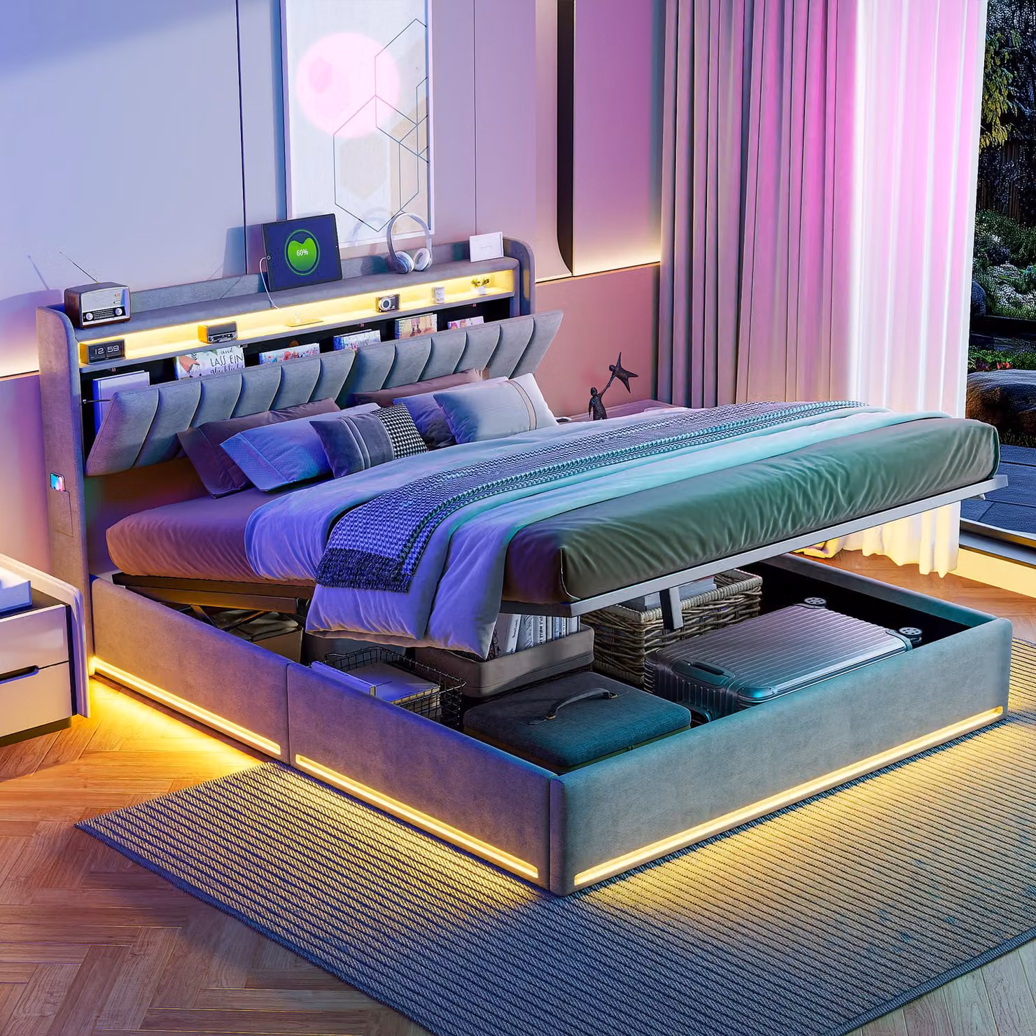 Letto imbottito INONEFT con base boxspring 160x200 cm con LED e USB, rete a doghe e vano contenitore, letto matrimoniale con contenitore, grigio velluto, materasso non incluso