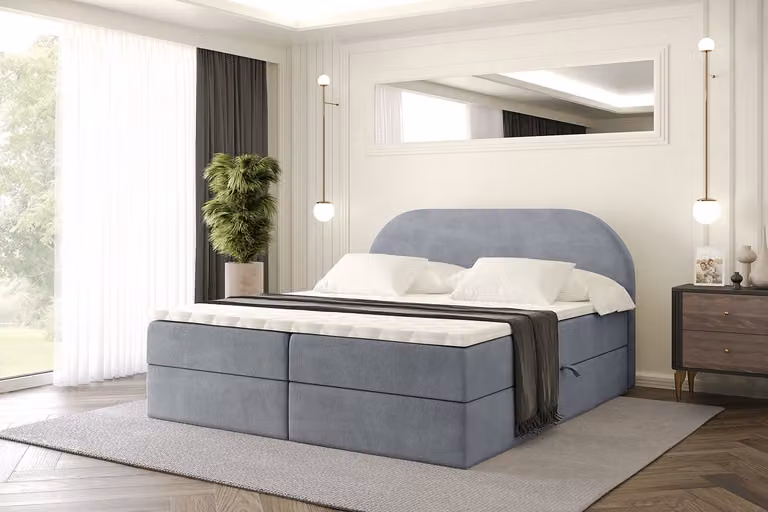 Letto boxspring ALTDECOR con materasso e rete a doghe, topper, letto imbottito con contenitore, letto con spazio contenitivo e materasso H3, letto matrimoniale, letto a cassettoni - NOX - 180x200 - Grigio Casablanca
