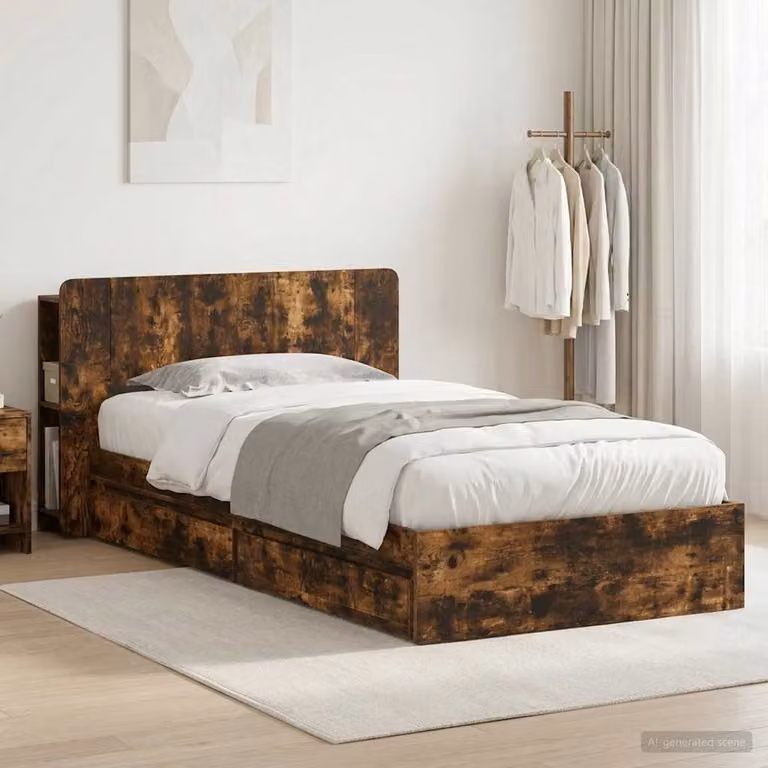 vidaXL Telaio letto moderno con contenitore e cassetti in Rovere Fumo L: 100 cm, P: 200 cm, H: 119 cm