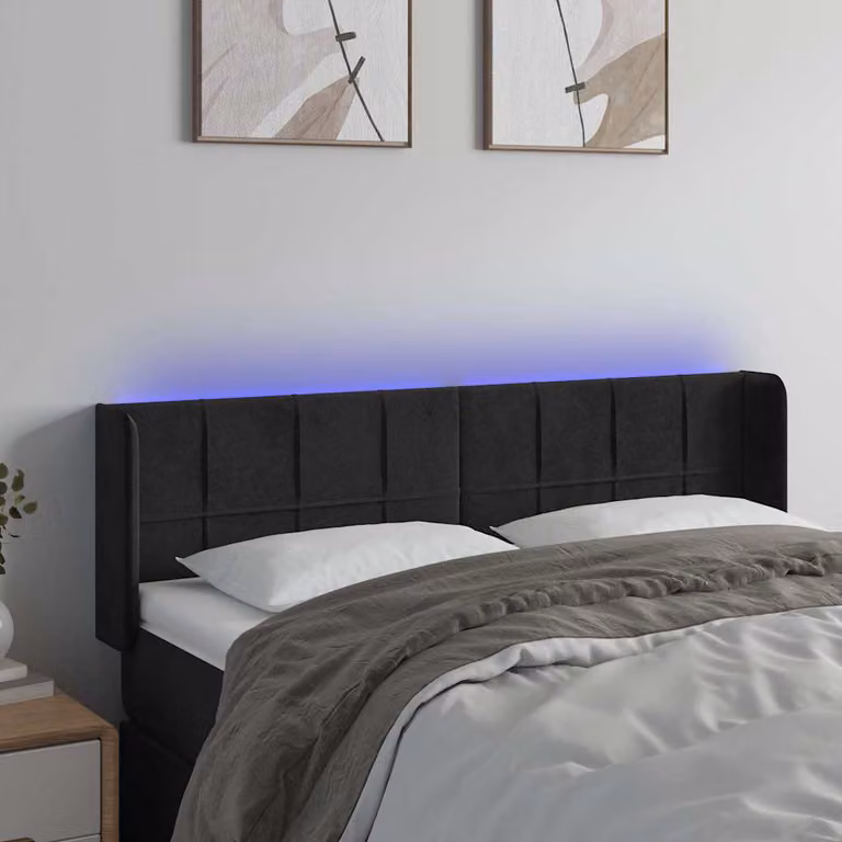 Testiera per letto vidaXL in velluto nero con illuminazione LED e porta di ricarica USB, L 147 cm x P 16 cm x H 78/88 cm