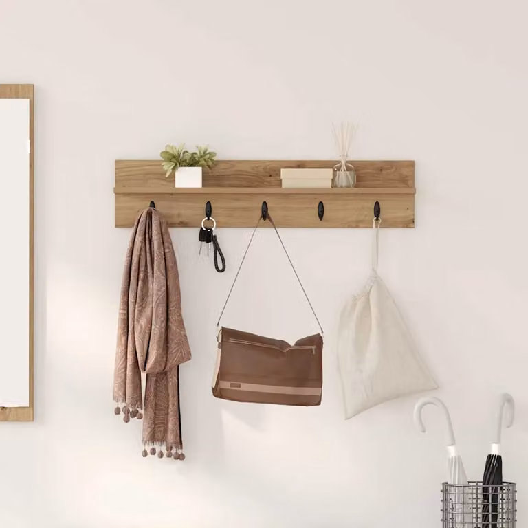 Appendiabiti a muro vidaXL in legno Rovere marrone con ganci distribuiti per corridoio, L: 80 cm, H: 10,5 cm, P: 5 cm