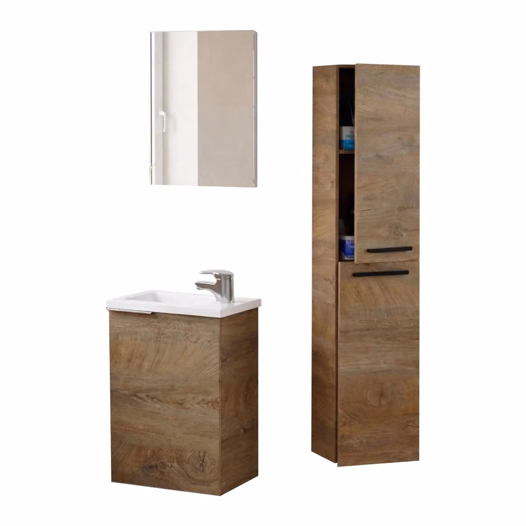Set Mobili Bagno Moderno DMORA Osnago in Rovere Marrone con Mobile Lavabo, Colonna e Specchio a Sospensione – 2