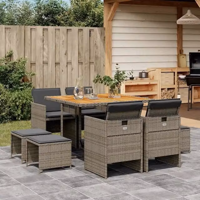 Set da Pranzo da Giardino 9 pz con Cuscini in Polyrattan Grigio 3210602