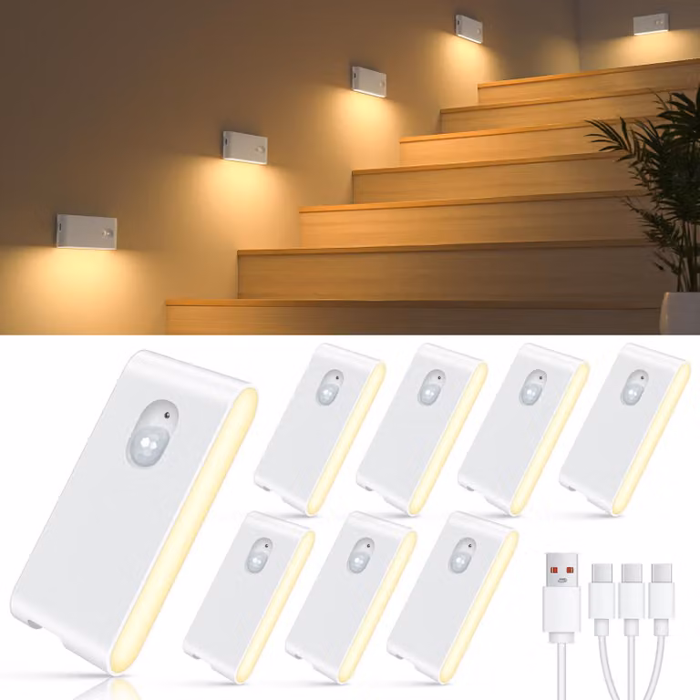 Sensore di movimento per illuminazione delle scale, lampada notturna ricaricabile, luce LED wireless (con interruttore automatico/ON/OFF), lampade magnetiche adesive per scale, corridoi, camerette