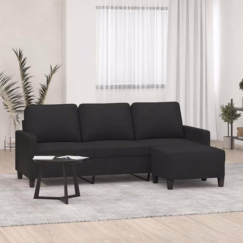 vidaXL Divano a 3 Posti Moderno con Poggiapiedi Nero in Tessuto L: 198 cm, P: 80 cm, H: 77 cm – 1