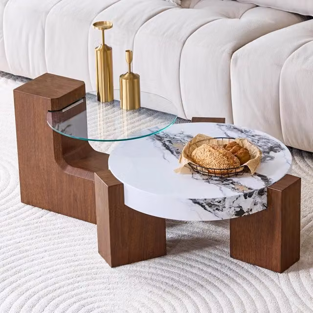 Set 2 tavolini da salotto ULEVR rotondi separabili, tavolino 61x30 cm con vetro di sicurezza e MDF effetto noce e marmo bianco