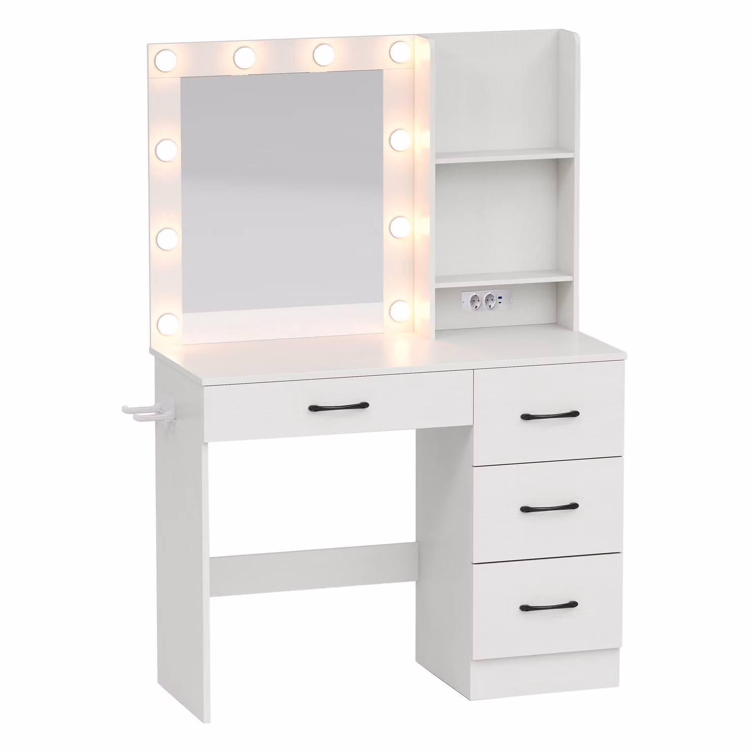 COSTWAY tavolo da trucco con stazione di ricarica LED 3 colori con luminosità regolabile specchio cassetti ripiani aperti & supporto