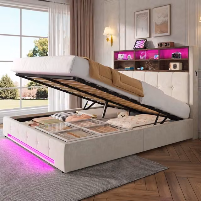Letto in velluto 160 x 200 cm con testiera multifunzionale: 6 vani, tasche laterali, USB-C, LED e grande contenitore antipolvere sotto il letto