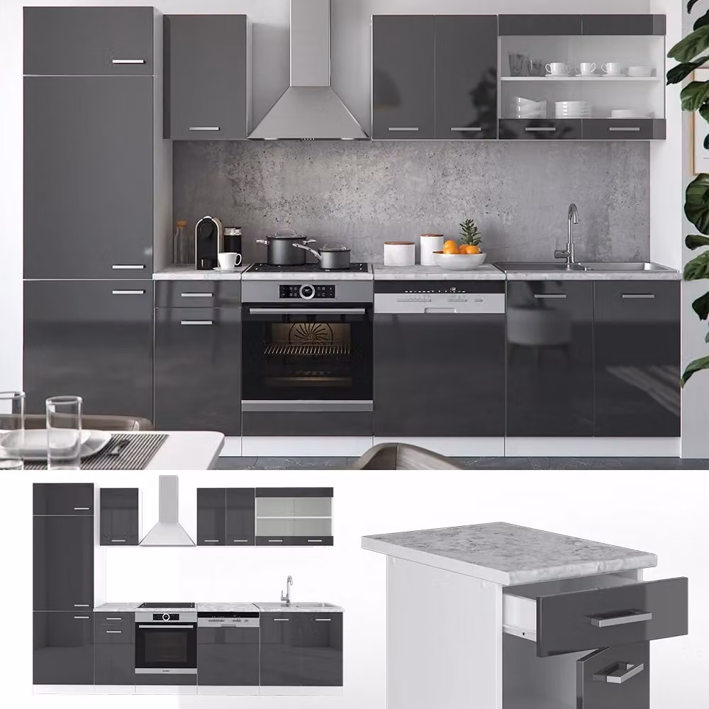 Cucina componibile moderna Vicco R-Line colore antracite e bianco lucido L: 300 cm – 2