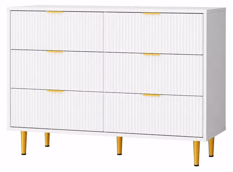 Set di 2 comodini con 6 cassetti, dimensioni 100x40x75 cm, frontali scanalati con motivo a onde, struttura con gambe, colore bianco caldo