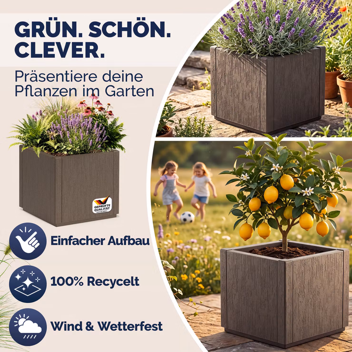 Vaso per fiori Ethica Casaria® in plastica, marrone e antracite, L: 36 cm, P: 36 cm, H: 35 cm – 4