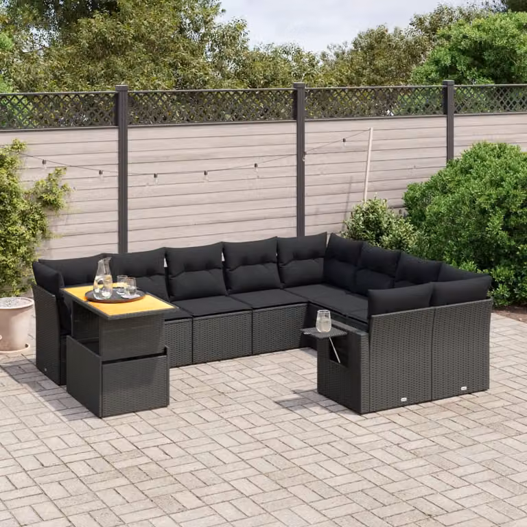 Set di divani da giardino vidaXL in polyrattan nero con cuscini e tavolino da esterno