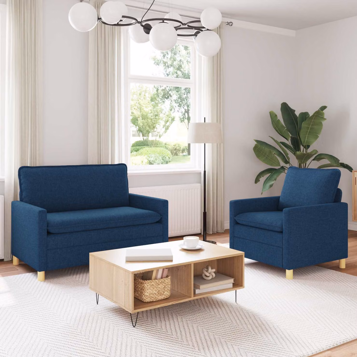 Set di 2 divani moderni vidaXL in tessuto blu con struttura in metallo e coperture rimovibili