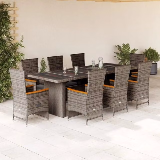 Set da Pranzo da Giardino vidaXL in Polyrattan e Legno di Acacia Grigio con Piano in Vetro, 9 Pezzi