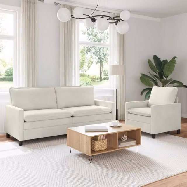 Set di 2 divani moderni vidaXL in velluto beige con cuscini coordinati e coperture rimovibili – 1
