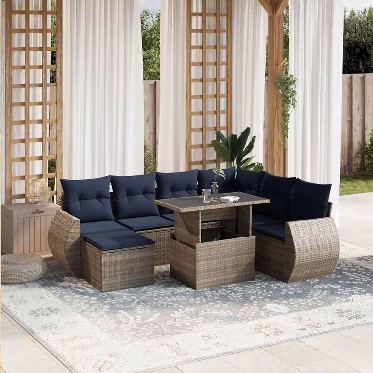 Set da giardino vidaXL in polyrattan composto da 8 pezzi con cuscini grigi e blu per esterno