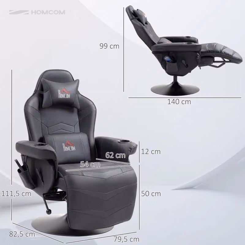 Poltrona Gaming Massaggiante Reclinabile REDOM in Similpelle Nera con Poggiapiedi e Supporto Cervicale – 2
