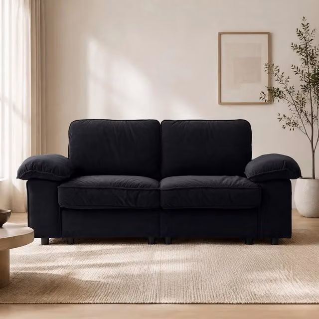 Divano a 2 posti MIVRAY con vano contenitore, rivestimento in tessuto nero e braccioli imbottiti, L: 136 cm, P: 61 cm, H: 82 cm