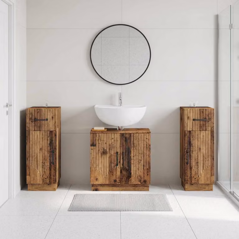 Set di mobili da bagno vidaXL HOORN in 3 pezzi, design minimalista in legno color marrone antico