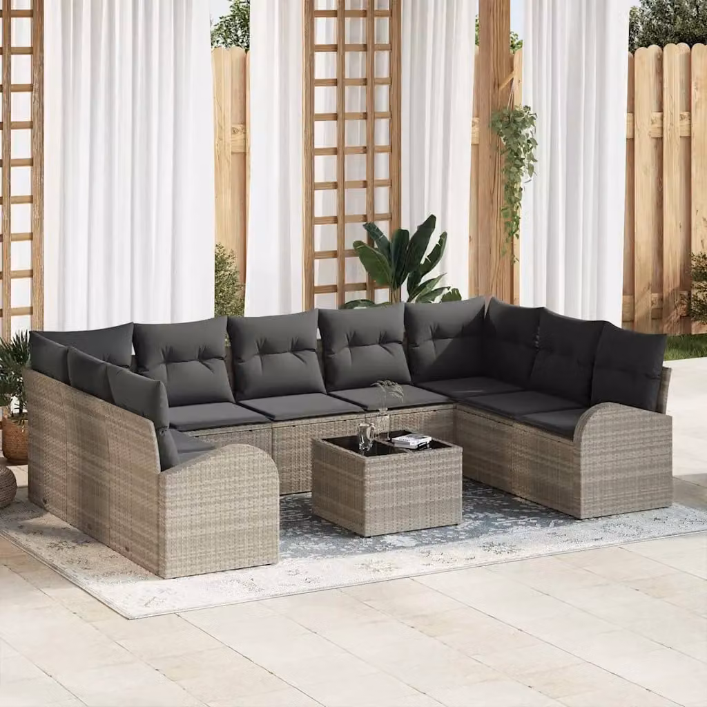 Set Divano da Giardino vidaXL 10 Pezzi in Polyrattan Grigio con Cuscini e Tavolino – 1