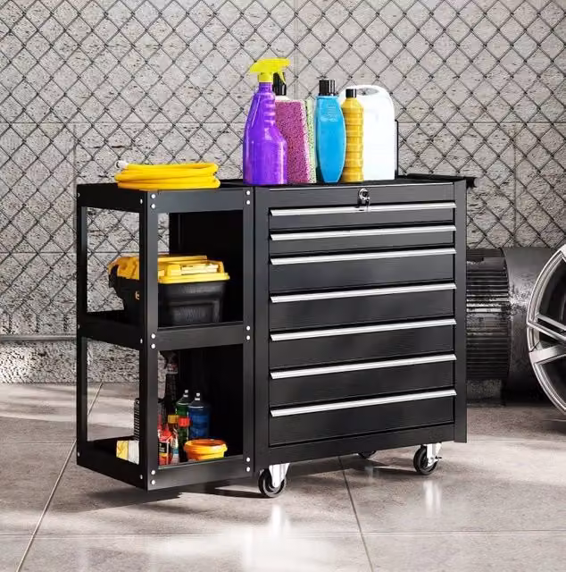 Carrello da officina 96x33,5x75 cm in acciaio nero, 7 cassetti, salvaspazio –