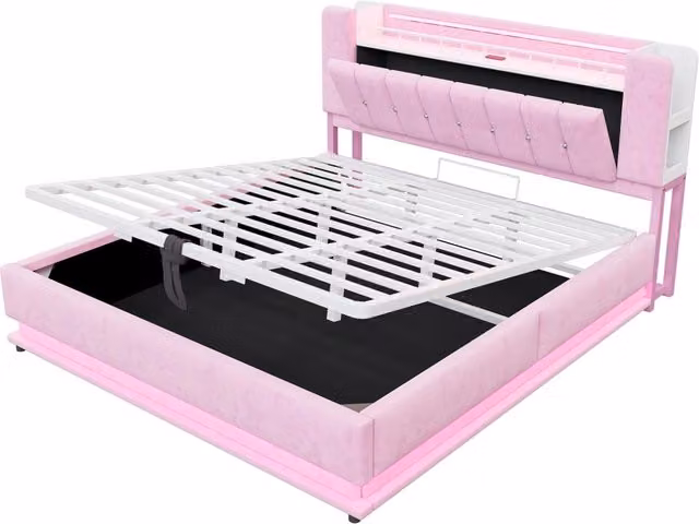 Letto imbottito 180x200 cm con illuminazione LED, USB e contenitore idraulico, rivestimento in velluto rosa e struttura in metallo