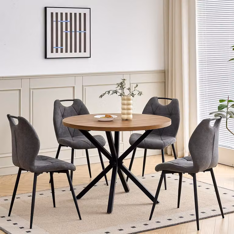 Set da pranzo con tavolo rotondo da 100 cm e 4 sedie imbottite, stile nordico, colore grigio scuro