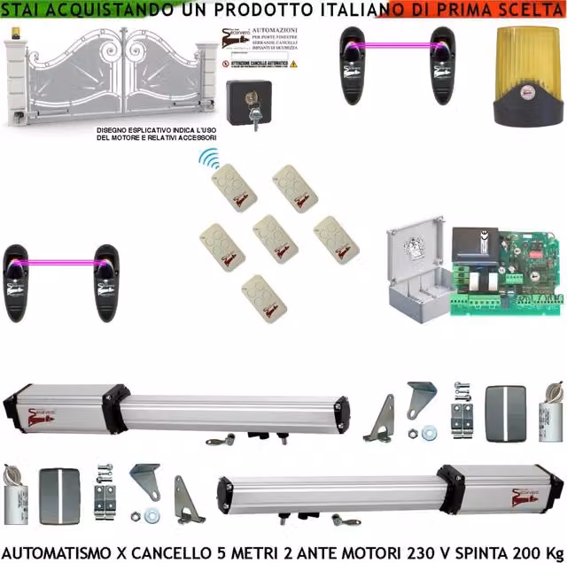 Kit Per Cancello Elettrico 5 Metri 2 Ante da 2,5 Metri 2 Motori Elettromeccanici 230 V Corsa 400 mm Spinta 2 Q.li Staffe Sei Radiocomandi Due Coppie Fotocellule Faro 2 Chiavi Sblocco Cartello Monitore